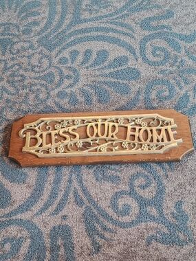 Vintage Bless Our Home Plaque Brass Toned Metal On Wood
